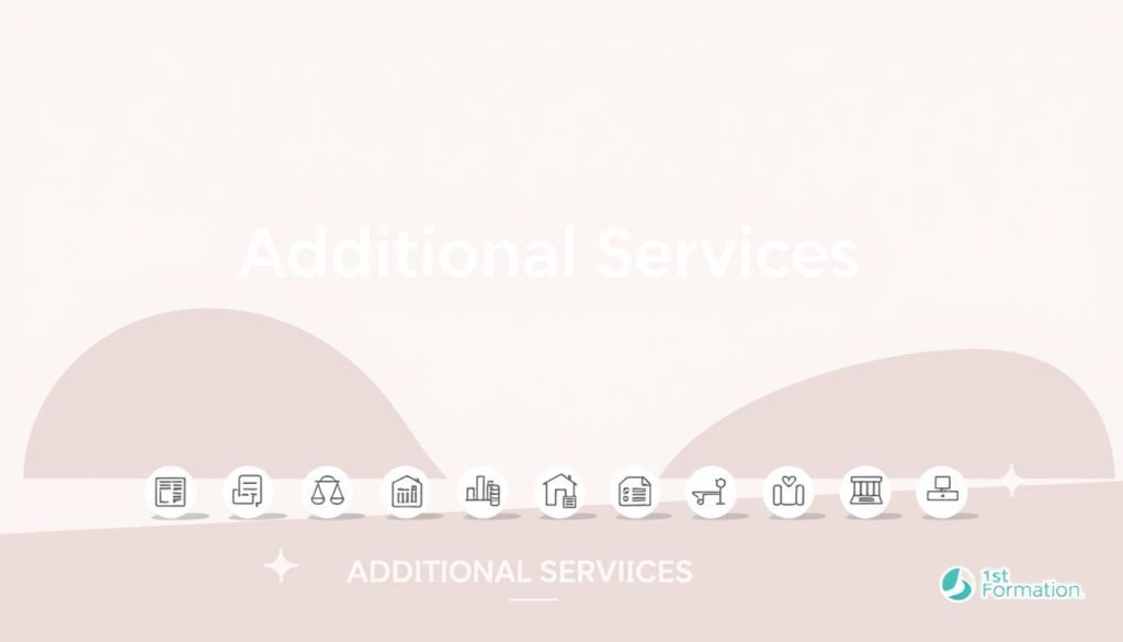 A modern, visually appealing illustration showcasing the "Additional Services" offered by 1st Formations. In the foreground, a clean, minimalist layout presents an array of service icons, each representing a unique offering such as company formation, accounting, legal assistance, and more. The icons are rendered in a sleek, monochromatic style, creating a cohesive and professional look. The middle ground features a subtle, abstract background pattern in muted tones, providing a visually interesting and textured backdrop. The overall composition conveys a sense of organization, efficiency, and the comprehensive nature of 1st Formations' services. Soft, diffused lighting creates a warm, inviting atmosphere, reflecting the company's commitment to customer satisfaction.