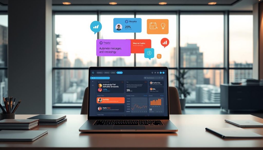 A modern, well-lit office interior with floor-to-ceiling windows overlooking a bustling cityscape. On a sleek, minimalist desk, a laptop displays the ManyChat dashboard, showcasing its robust broadcasting and messaging features. Vibrant infographic elements float above the screen, highlighting key functionalities like automated messages, scheduled broadcasts, and detailed analytics. The desk is surrounded by neatly organized office supplies, creating a productive and organized atmosphere. Soft, directional lighting casts a warm glow, emphasizing the technology and creating a sense of professionalism and efficiency.
