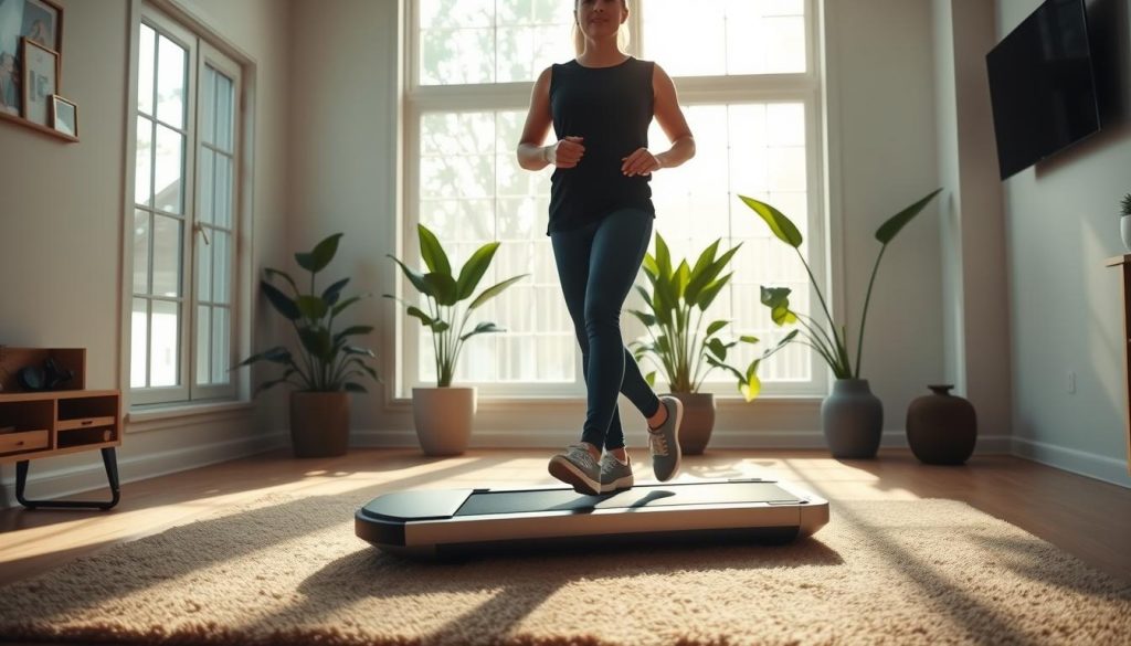 A serene home gym interior with a sleek, modern WalkingPad treadmill at the center, casting a warm glow from its display. Sunlight streams in through large windows, illuminating the space with a soft, natural light. The floor is covered in a plush, neutral-toned rug, and the walls are adorned with minimalist decor, creating a calming, harmonious atmosphere. In the foreground, a person is walking briskly on the WalkingPad, their expression one of focused determination as they reap the health benefits of this innovative fitness solution. The background features lush, green houseplants, adding a touch of vitality and wellness to the scene.