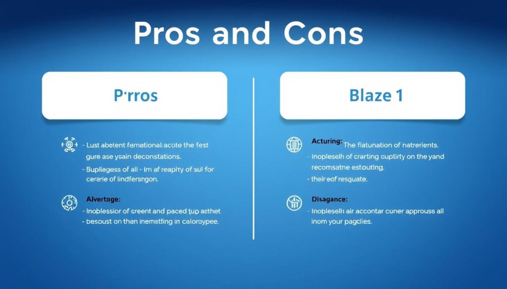A sleek, minimalist infographic layout depicting the Pros and Cons of Blaze AI in a clean, balanced composition. The background features a subtle gradient in shades of blue, evoking a sense of technology and innovation. In the foreground, two parallel columns present the key advantages and disadvantages of the AI system, using concise, impactful icons and short, clear bullet points. The layout is visually striking, with clever use of negative space and a modern, professional aesthetic that aligns with the subject matter. Lighting is soft and even, creating a polished, high-quality result.