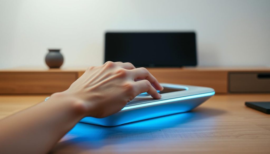 A sleek, modern device sits on a minimalist, wood-grain desk, its elegant design and soft blue lighting drawing the eye. The device's futuristic shape and clean lines suggest advanced technology, while the warm wood tones create a calming, natural atmosphere. In the foreground, a hand gently rests on the device, hinting at the personal connection and hands-on experience with ApolloNeuro. The background is softly blurred, keeping the focus on the device and the user's interaction with it. Soft, diffused lighting illuminates the scene, creating a serene, contemplative mood that invites the viewer to imagine the transformative effects of this innovative product.