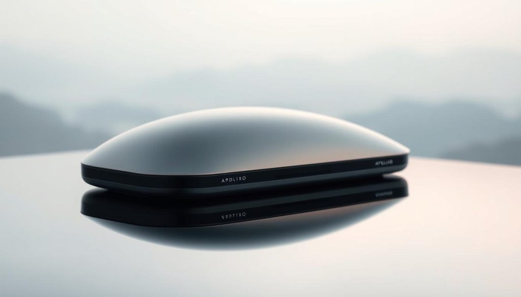 A sleek, modern device with a clean, minimalist design, ApolloNeuro rests on a reflective black surface. The device features a smooth, curved shell in a muted metallic tone, with an array of subtle LED indicators along the sides. The lighting is soft and diffused, creating a serene, contemplative atmosphere. The background is a hazy, out-of-focus expanse, allowing the device to take center stage. The overall composition conveys a sense of technological sophistication and personal wellbeing, hinting at the device's potential to enhance both mind and body.