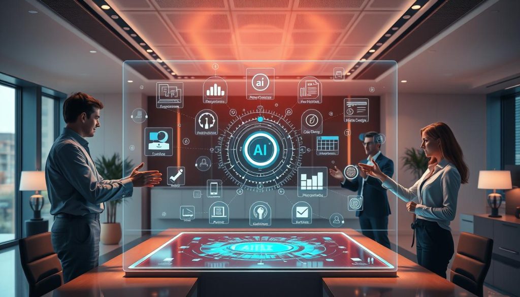 A sleek, modern office environment with a central focus on a large, holographic display showcasing various AI-powered business applications. The display is surrounded by a team of professionals, each interacting with the interface through intuitive hand gestures, highlighting the seamless integration of Blaze AI technology. The scene is bathed in warm, directional lighting, creating a sense of professionalism and innovation. The background features minimalist decor and floor-to-ceiling windows, providing a sense of openness and connectivity. The overall composition conveys the power and versatility of Blaze AI's seamless integration into the workflow of a forward-thinking organization.