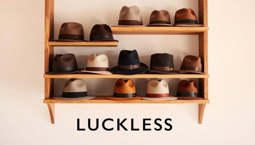 A striking arrangement of the most popular and fashionable hats from the Luckless Clothing line, captured in a warm, inviting studio setting. The hats are neatly displayed on wooden shelves, their textures and materials - ranging from soft wool to sleek leather - beautifully illuminated by soft, natural lighting. The overall composition conveys a sense of refined style and effortless sophistication, perfectly showcasing the brand's commitment to elevating everyday fashion. The background is clean and uncluttered, allowing the hats to take center stage and captivate the viewer's attention.