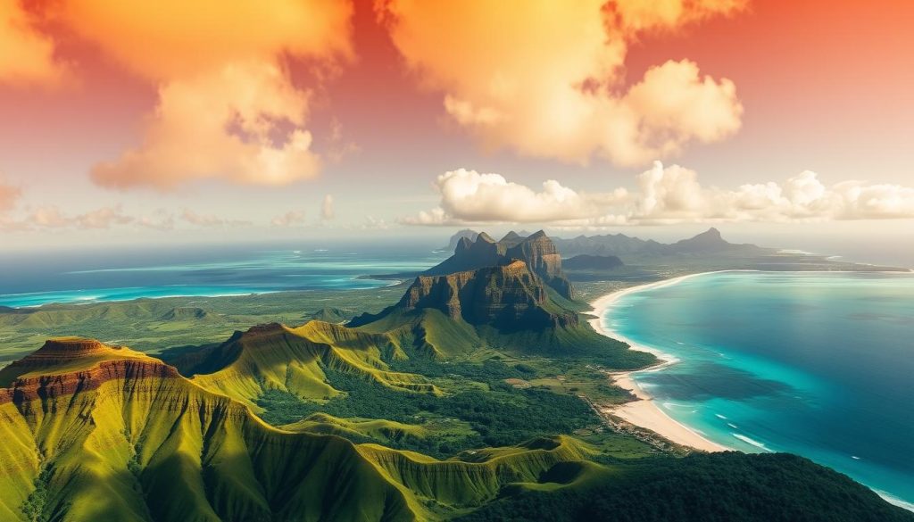 A stunning aerial view of the Hawaiian islands, bathed in warm, golden sunlight. The foreground showcases the vibrant, emerald-green landscapes of Maui, with its rugged volcanic peaks and lush, verdant valleys. In the middle ground, the crystal-clear turquoise waters of the Pacific Ocean gently lap against the pristine white-sand beaches of Oahu, while in the distance, the dramatic silhouettes of Kauai's jagged cliffs rise majestically against a backdrop of fluffy, cumulus clouds. The overall composition conveys a sense of tranquility, natural beauty, and the alluring spirit of the Hawaiian islands.