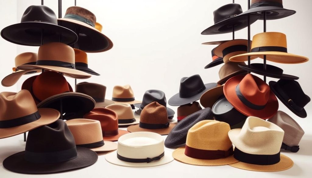 A stunning display of the latest fashionable hats, showcased in a bright, airy studio setting. The foreground features an array of stylish new arrivals, including fedoras, wide-brimmed hats, and structured berets, arranged in an eye-catching geometric pattern. The middle ground presents the hats in closer detail, with soft, directional lighting emphasizing their textures and materials, such as wool, felt, and straw. The background is a minimalist, neutral-toned backdrop, allowing the hats to take center stage and captivate the viewer's attention. This image exudes a sense of elegance, sophistication, and the excitement of discovering fresh, on-trend accessories to elevate one's wardrobe.