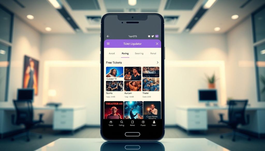 A vibrant and intuitive user interface showcasing the Ticket Liquidator platform. In the foreground, a smartphone display presents a seamless ticket booking experience, with vivid imagery, clear pricing, and intuitive navigation. The middle ground features a collage of event types, from concerts and sports to theater productions, conveying the breadth of Ticket Liquidator's offerings. In the background, a sleek, modern office setting with clean lines and neutral tones sets the stage, evoking a sense of efficiency and professionalism. Warm, diffused lighting casts a subtle glow, creating a welcoming and user-friendly atmosphere. The overall composition highlights the user-centric design and the ease of finding discounted tickets on the Ticket Liquidator platform.