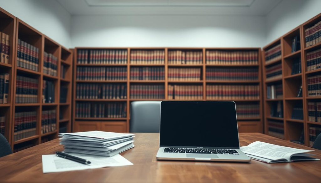 A well-lit, professional-looking office interior with a wooden desk, laptop, and legal documents neatly organized. The background features bookshelves filled with law books, giving the scene an air of authority and legal expertise. Soft, directional lighting illuminates the desk, creating a warm, inviting atmosphere. The angle is slightly elevated, suggesting a sense of importance and attention to detail. The overall composition conveys a sense of order, compliance, and the meticulous attention to legal requirements that characterize the 1st Formations service.