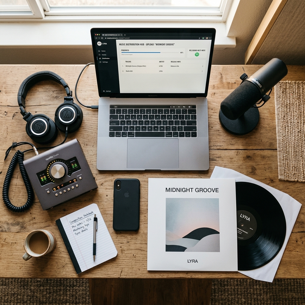 Independent music producer workspace with distribution tools