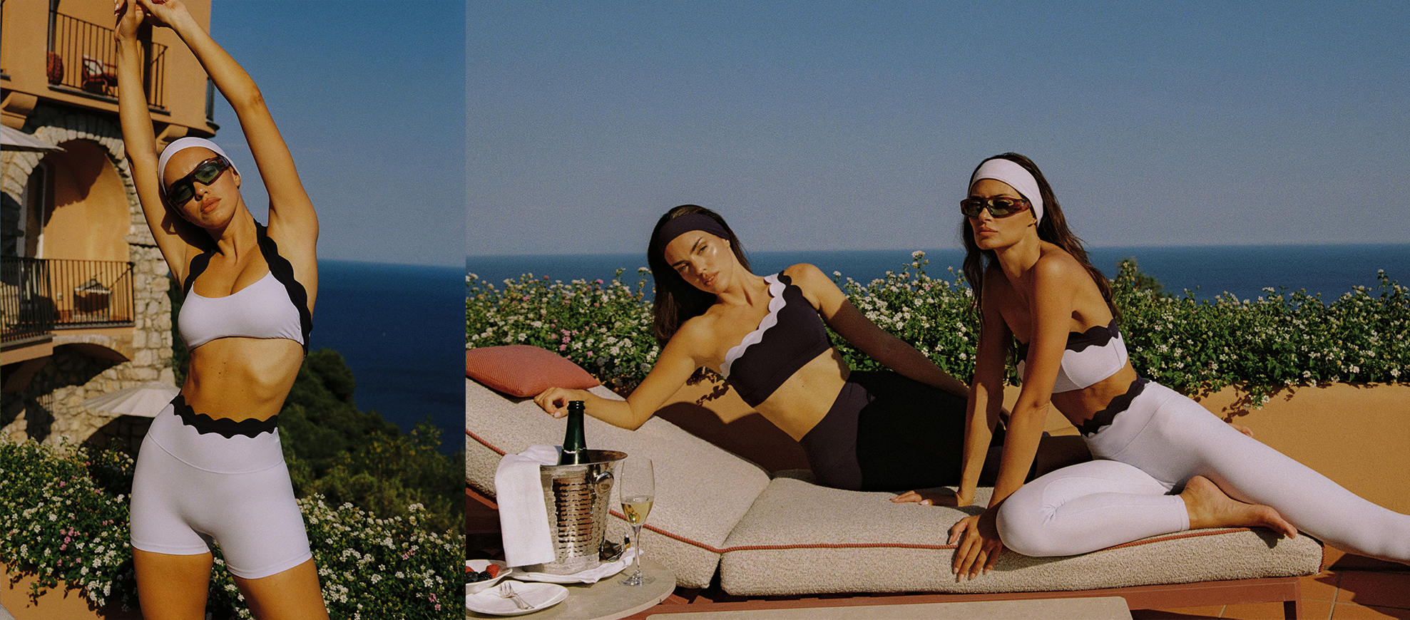 WISKII scallop activewear styled on a Mediterranean terrace